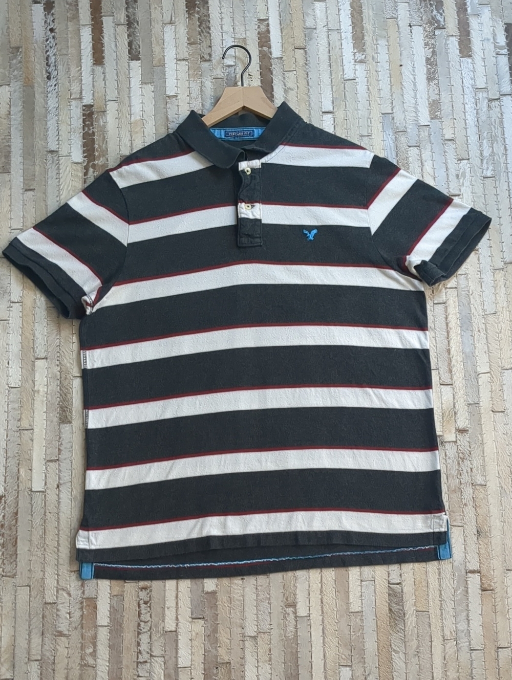 Vintage Y2K American Eagle Outfitters Men's 2X Striped Gray White Maroon Polo